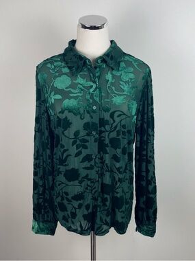 Ultra Pink Green Velvet Floral Collared Long Sleeve Button Down Blouse Top